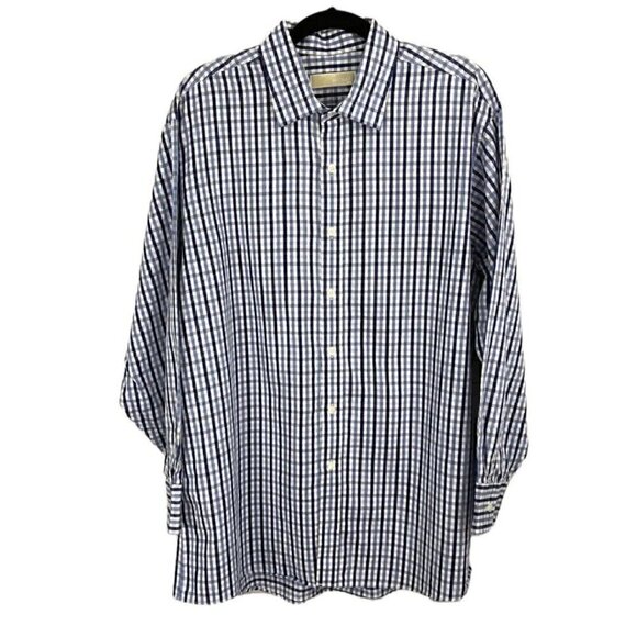 Michael Kors Mens Blue White Gingham Check Button-Front Shirt SZ 17.5 / 32 33 - Picture 1 of 6